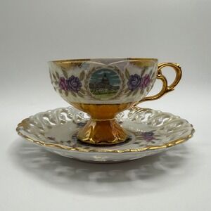 Vintage Washington DC Capitol Teacup and Saucer Set Gold Trim Floral Collectible